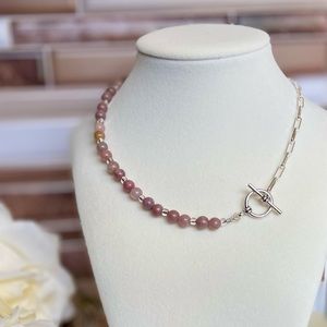 Handmade Strawberry Quartz and Paperclip Chain Choker Necklace
